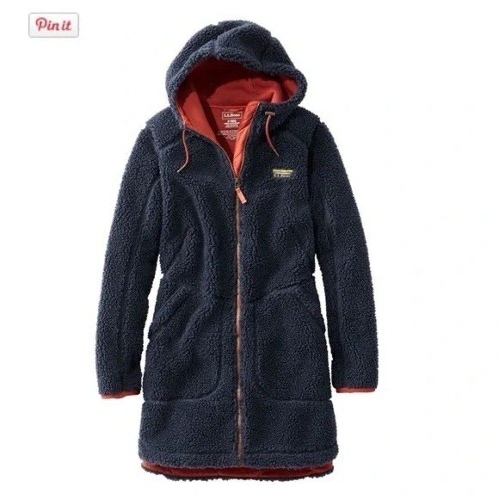 LL Bean L Large Mountain Pile Fleece Coat Navy Blue Sherpa Parka Womens Hooded